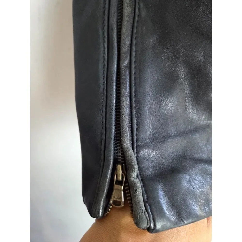 Guess Women Geniune 100% Leather Full Zip Lined Moto Pockets Jacket size Medium